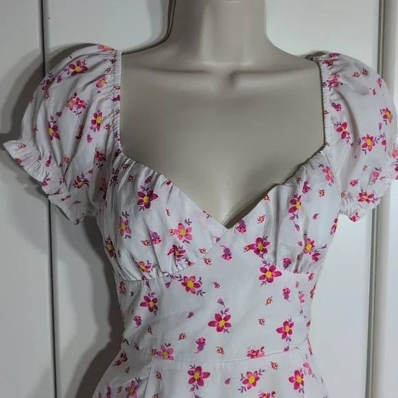 Princess Polly Ruth Puff Sleeve White Pink Floral Print Mini Dress Size 6 - Picture 2 of 7